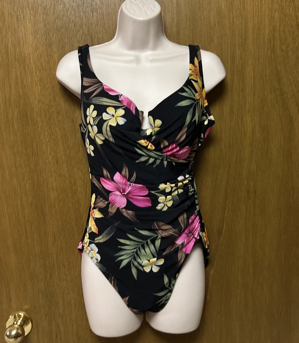Vtg Miraclesuit size 12? Swimsuit One Piece HIBISCUS Floral Tropical Black H26